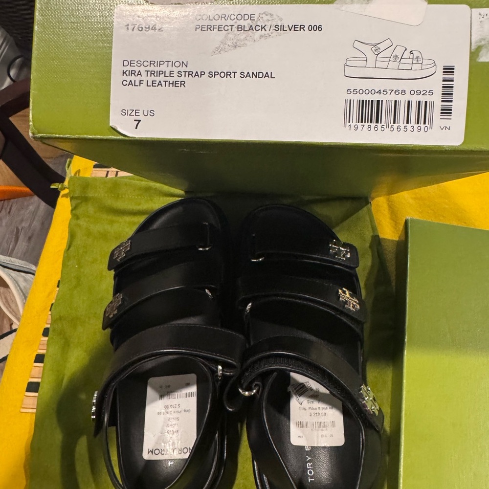 Tory Burch Black Leather Triple-Strap Logo Sandals - Picture 8 of 8